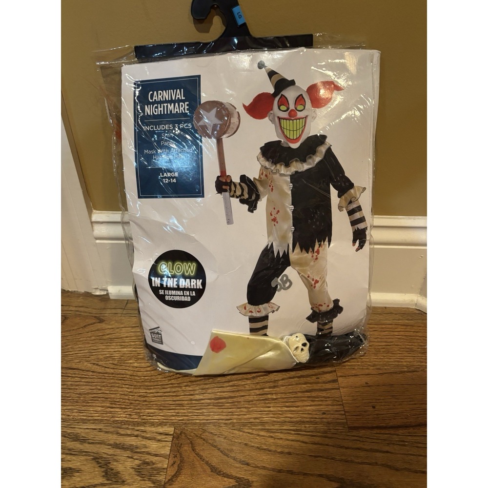 Halloween Carnival Nightmare Clown Outfit and‎ Mask Large 12-14 Glow In The Dark